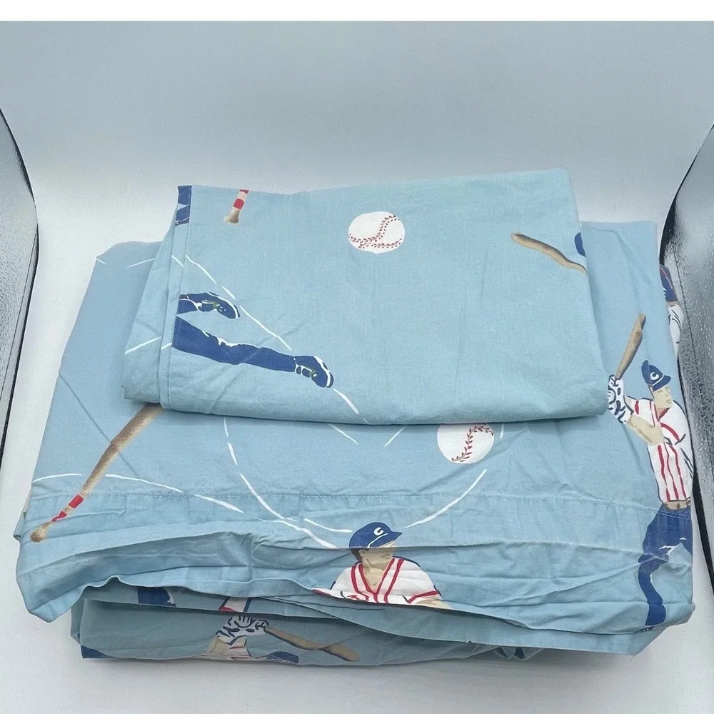 Company Kids Baseball Sheet Set Blue Twin 100% Cotton Sports Bedding 3 Piece